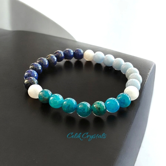 Lapis Lazuli, Apatite, Moonstone and Angelite Bracelet Natural Stones Unisex - Picture 1 of 7
